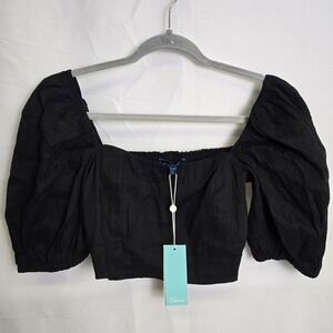 Shore‎ Puff Sleeve Linen Blend Crop Top, Black, Women's Size Small, NWT $110